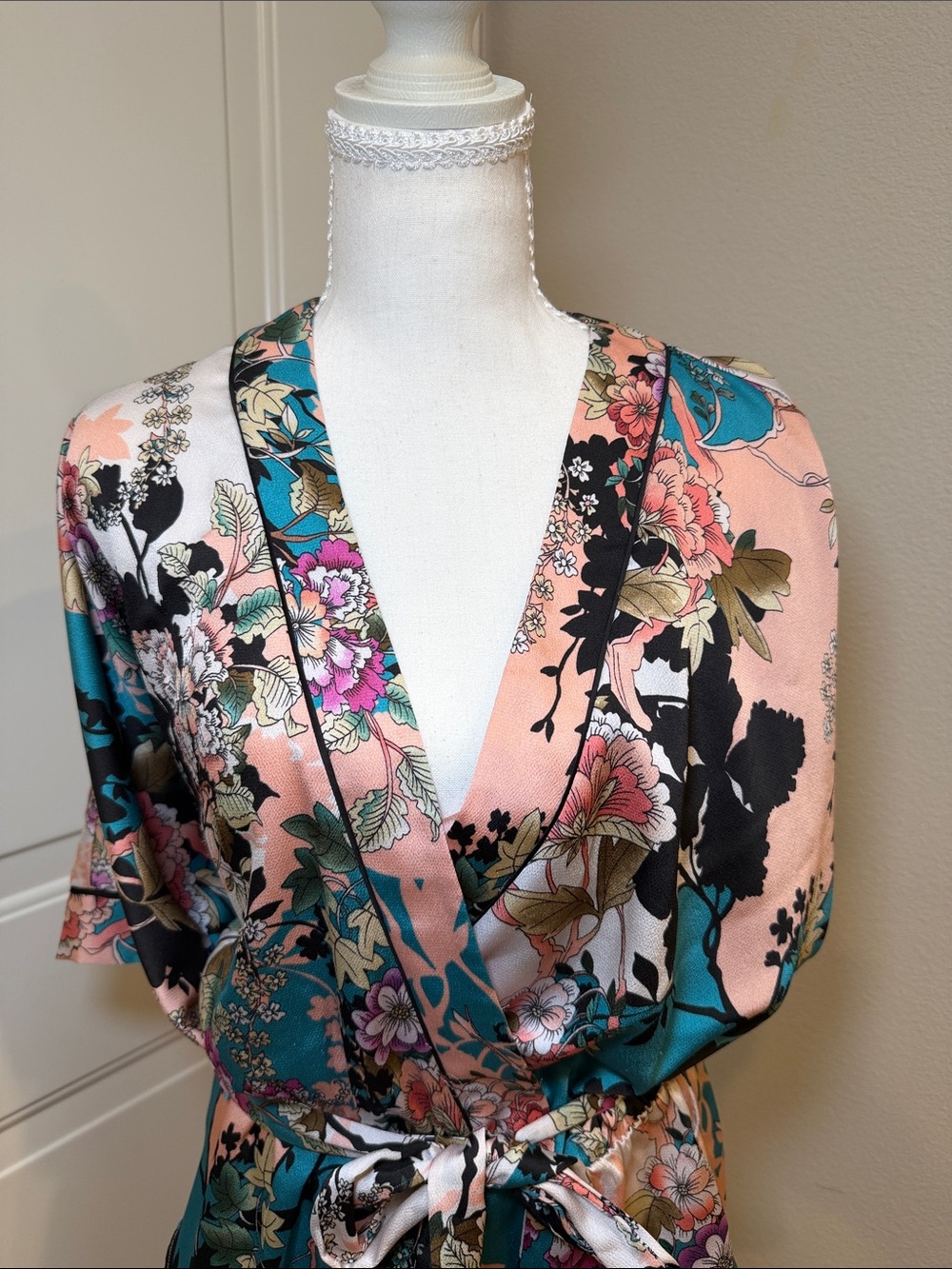 Floral Wrap-Front V-Neck Women's Top in Teal and Black - Picture 3 of 8